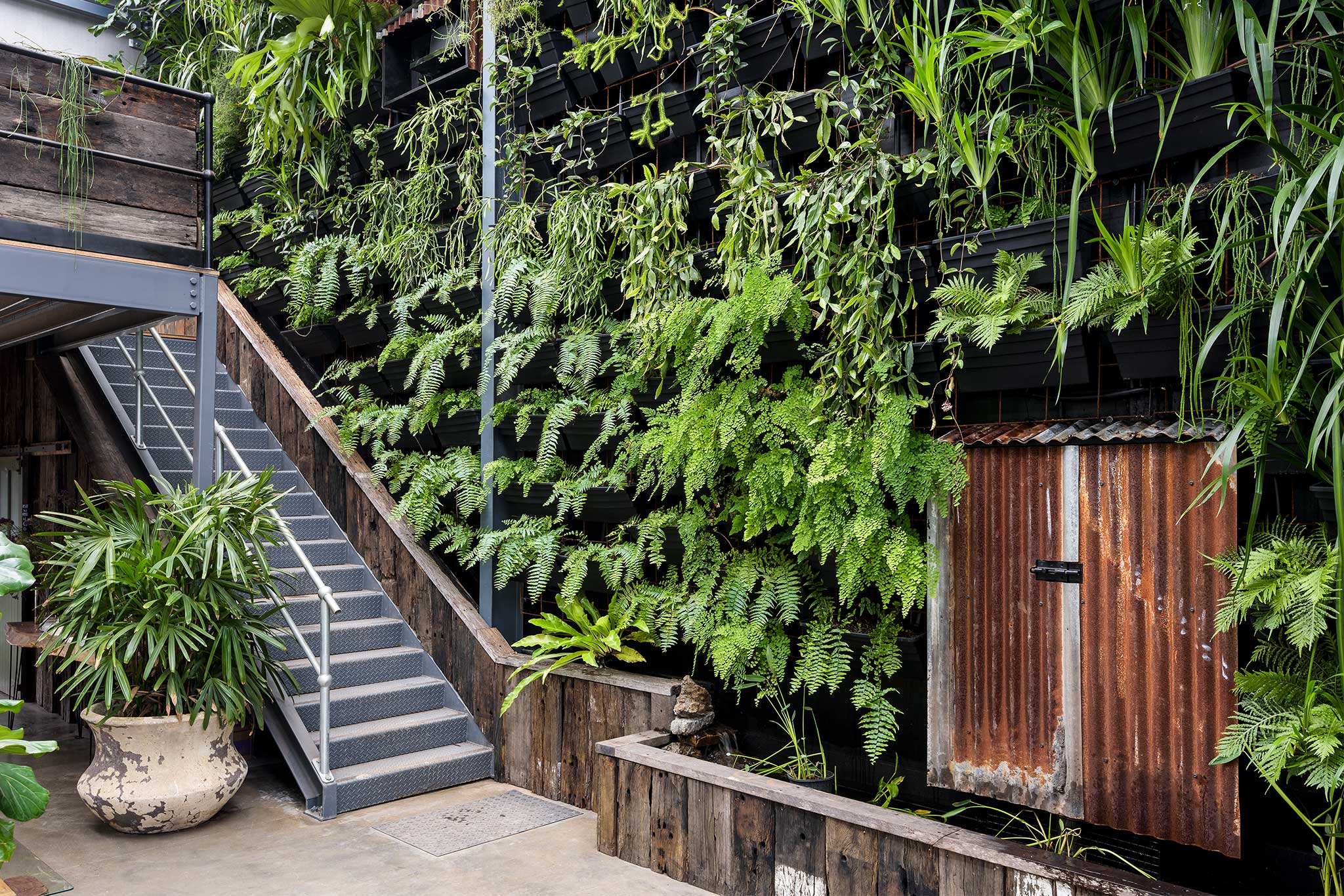 Plant Wall Commercial Interior Fitout Central Coast - Project "MBS Green Giant" - plant wall and mezzanine staircase with rusted corrugated iron mounted unit and recycled railway sleeper wall