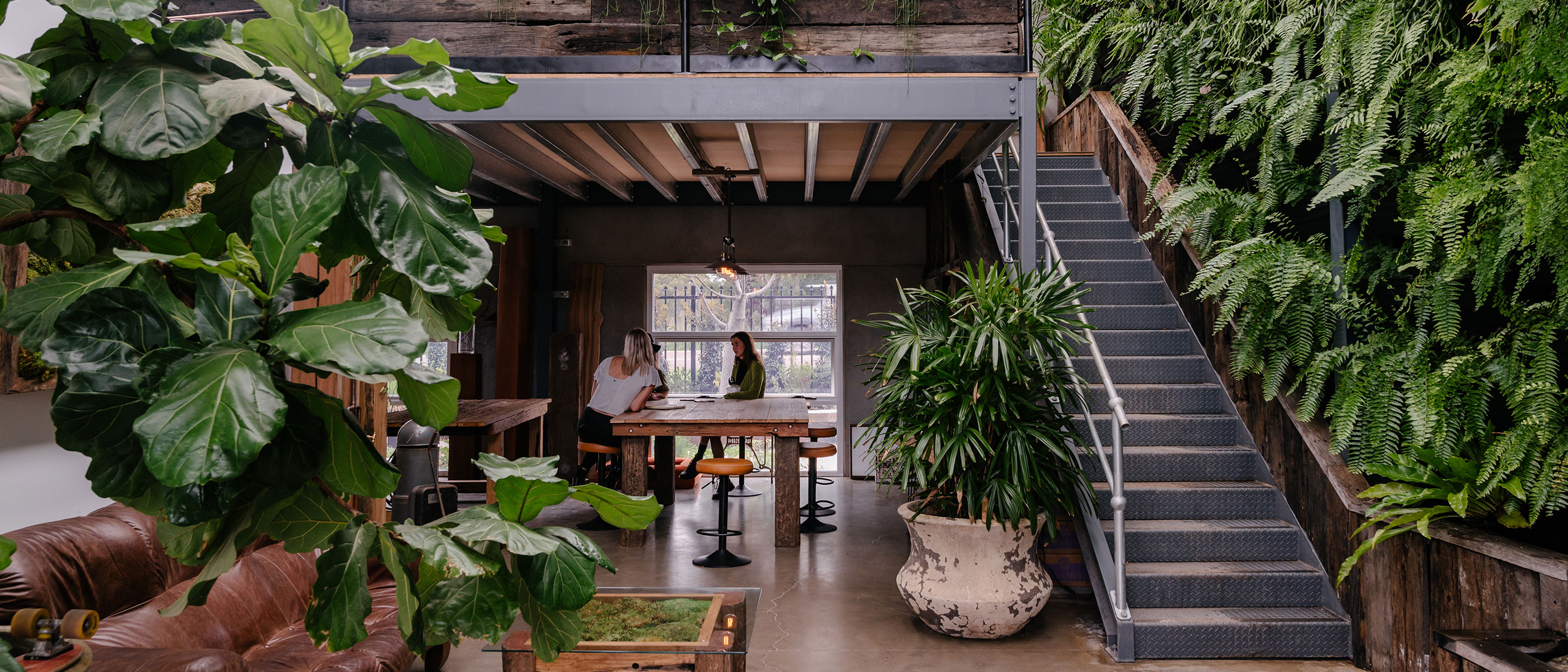 MBS warehouse studio space with feature potted plants, vertical garden, custom timber table for meetings and stairs to mezzanine