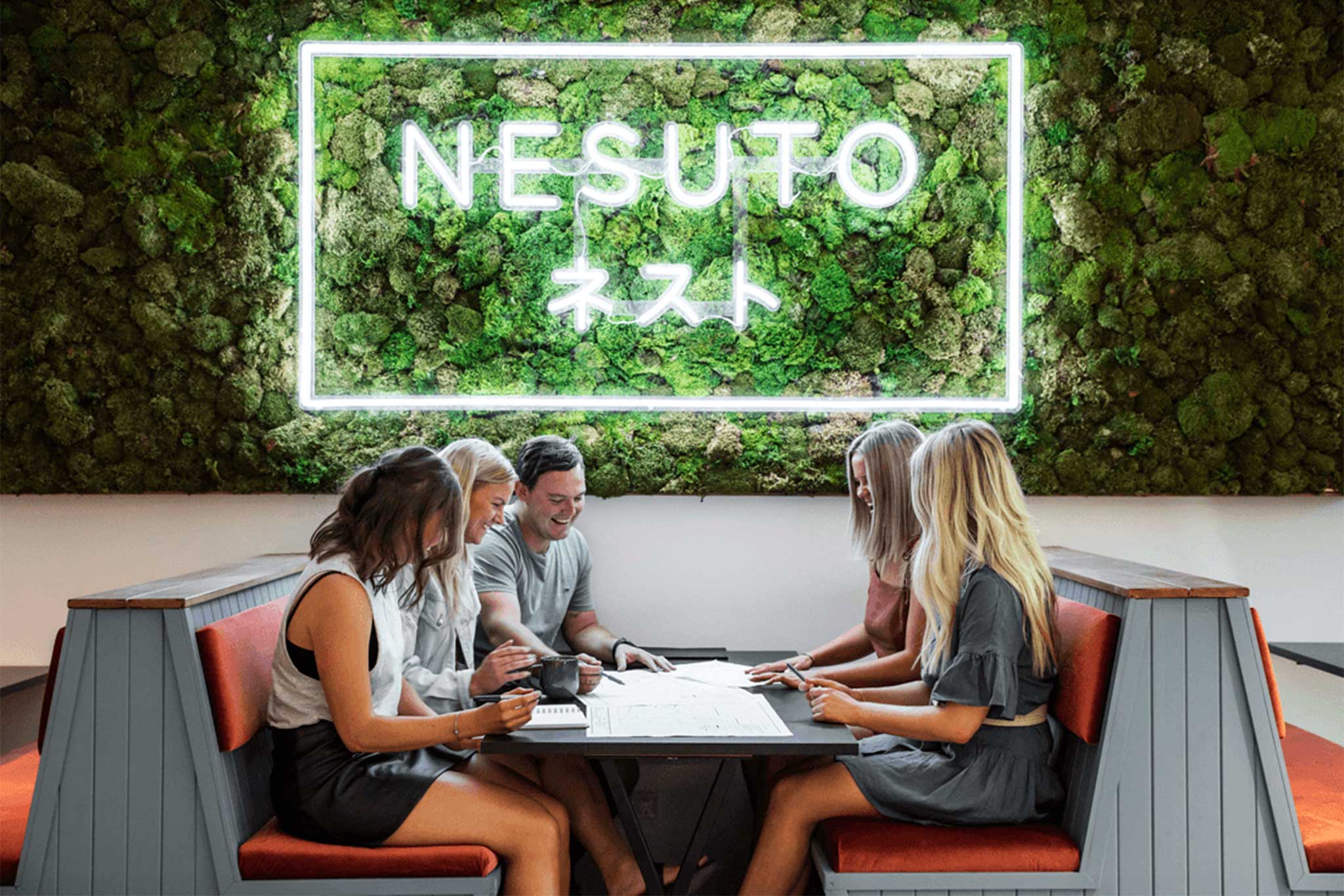 Moss Wall - Project "Neon Nesuto" - Nesuto Moss Wall signage in coworking space